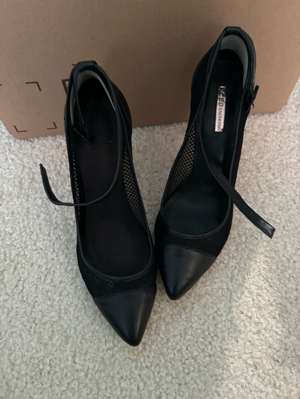 BCBGeneration Black Pointed-Toe Mesh Ankle-Strap Pumps